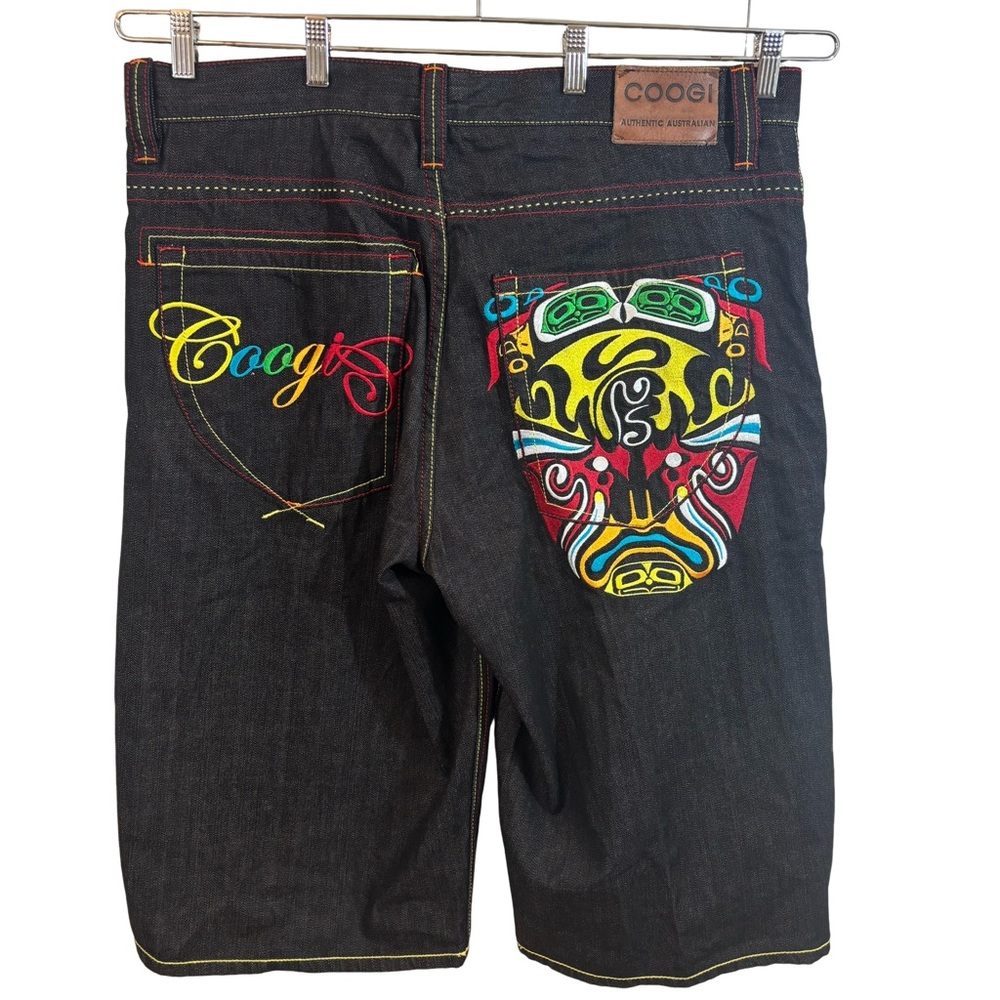 Coogi Men 40 Denim Baggy Black Jorts Y2K Hip Streetwear Skater Embroidered Mask